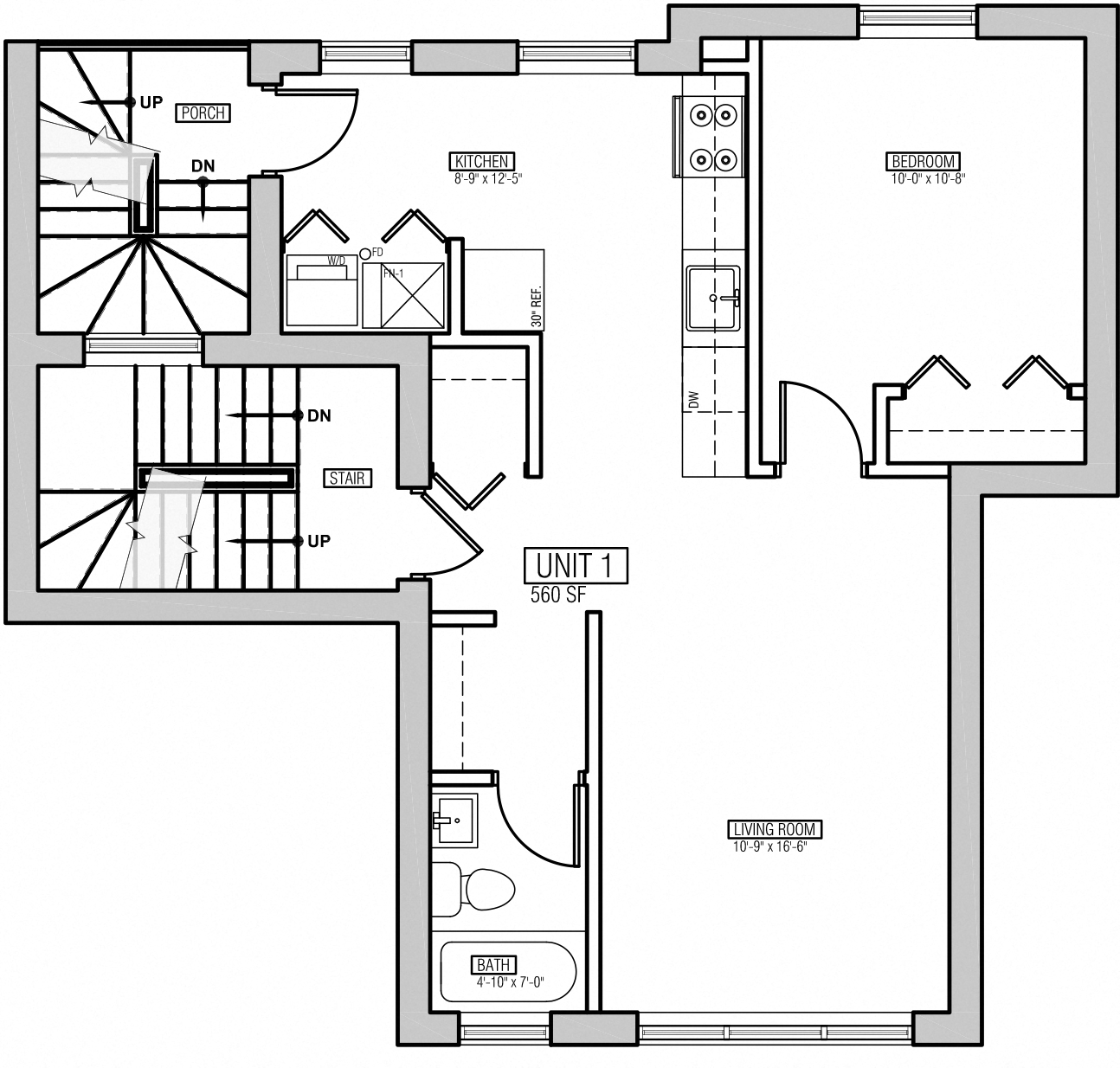 Floor plan for 1 bed, 1 bath, 625 sqft